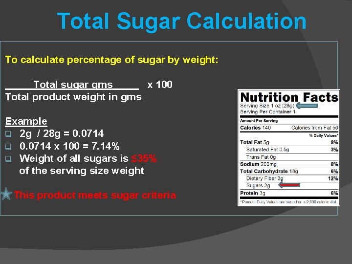 Total Sugar Calculation To calculate percentage of sugar by weight: Total sugar gms x