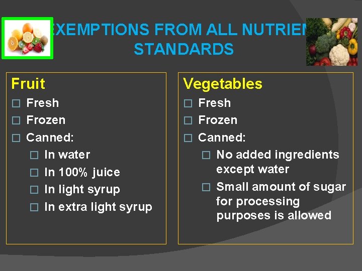 EXEMPTIONS FROM ALL NUTRIENT STANDARDS Fruit Vegetables Fresh � Frozen � Canned: � In