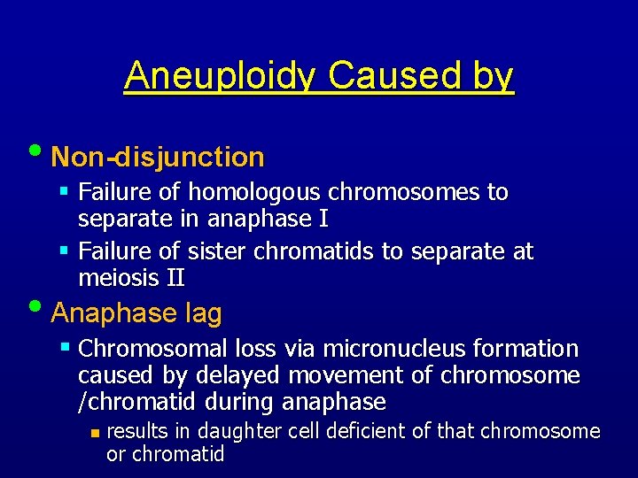 Aneuploidy Caused by • Non-disjunction § Failure of homologous chromosomes to separate in anaphase