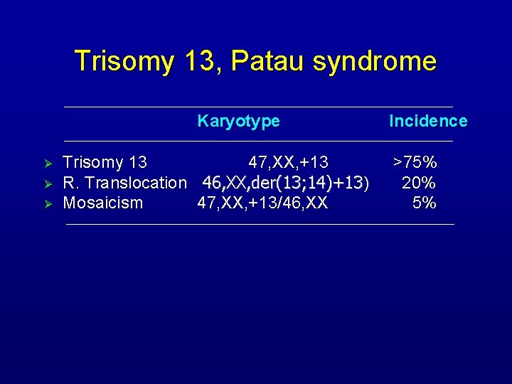 Trisomy 13, Patau syndrome Karyotype Ø Ø Ø Trisomy 13 47, XX, +13 R.