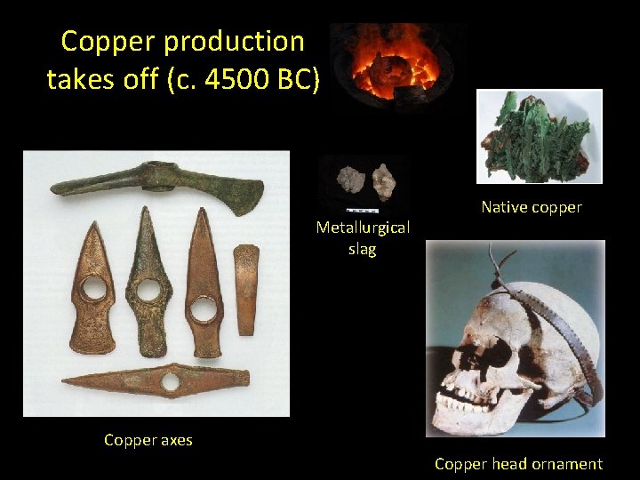 Copper production takes off (c. 4500 BC) Metallurgical slag Native copper Copper axes Copper