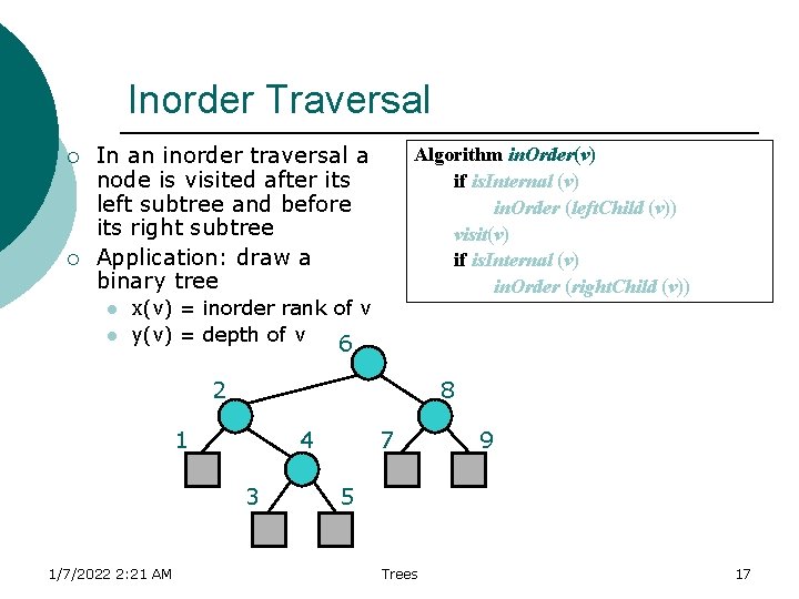 Inorder Traversal ¡ ¡ In an inorder traversal a node is visited after its Inorder Traversal ¡ ¡ In an inorder traversal a node is visited after its