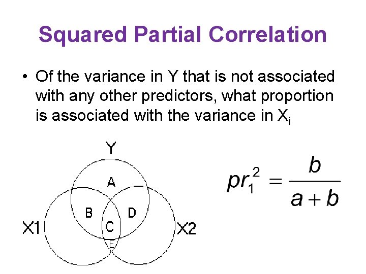 Squared Partial Correlation • Of the variance in Y that is not associated with Squared Partial Correlation • Of the variance in Y that is not associated with