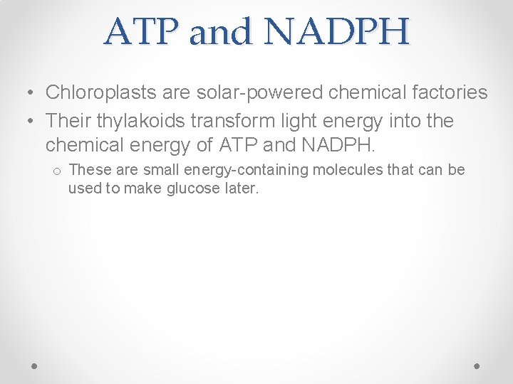 ATP and NADPH • Chloroplasts are solar-powered chemical factories • Their thylakoids transform light