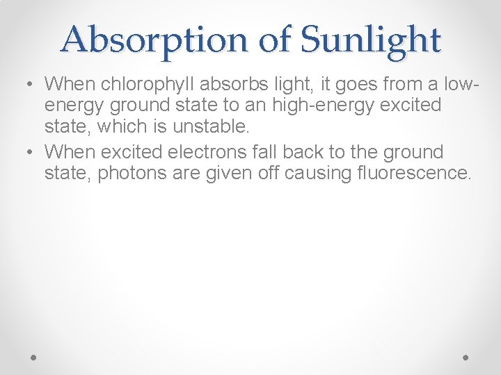 Absorption of Sunlight • When chlorophyll absorbs light, it goes from a lowenergy ground