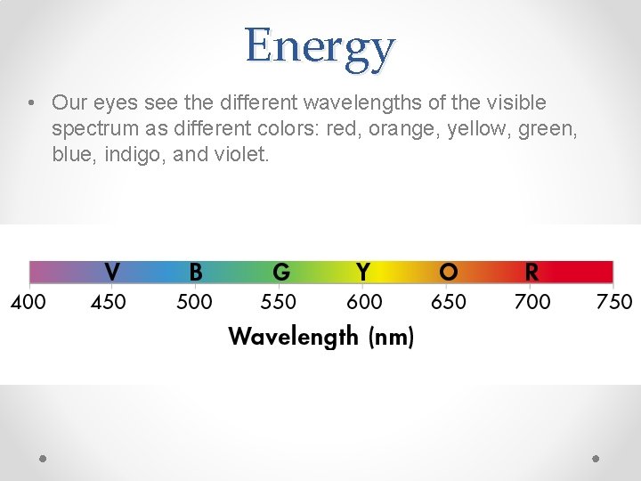 Energy • Our eyes see the different wavelengths of the visible spectrum as different