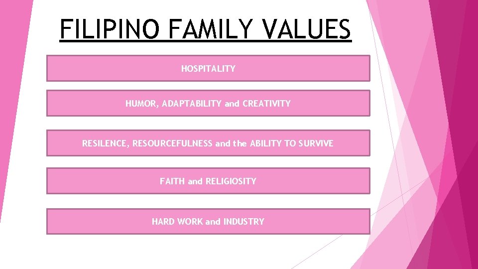 FILIPINO FAMILY VALUES HOSPITALITY HUMOR, ADAPTABILITY and CREATIVITY RESILENCE, RESOURCEFULNESS and the ABILITY TO