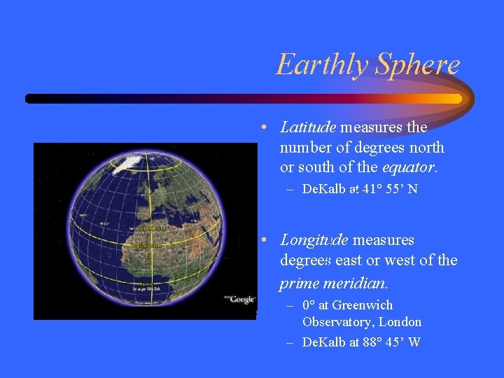 Earthly Sphere • Latitude measures the number of degrees north or south of the