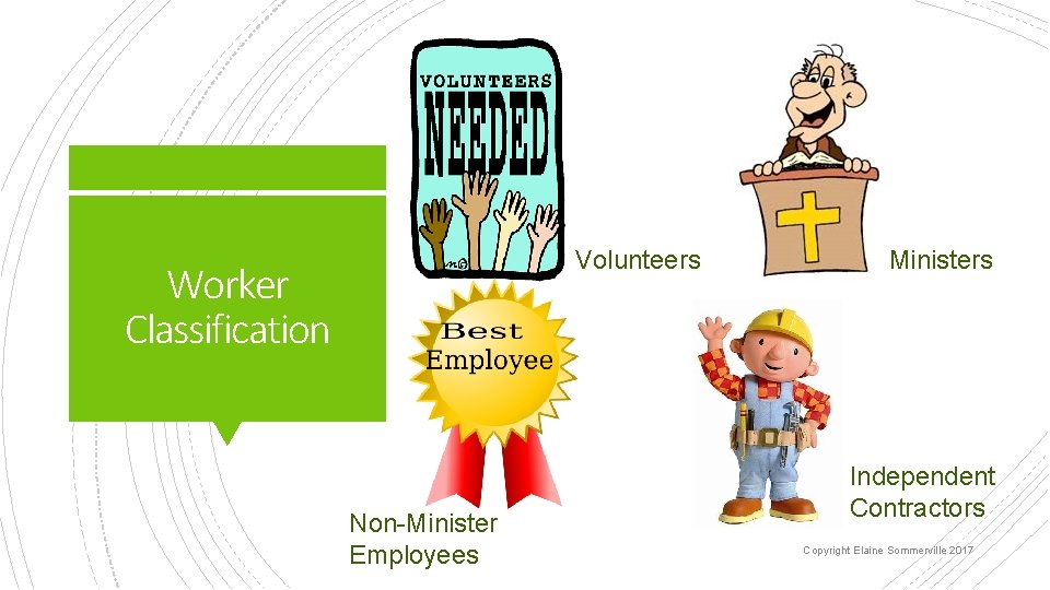 Volunteers Worker Classification Non-Minister Employees Ministers Independent Contractors Copyright Elaine Sommerville 2017 