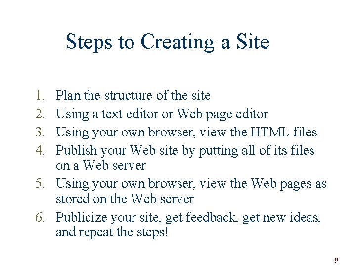 Steps to Creating a Site 1. 2. 3. 4. Plan the structure of the