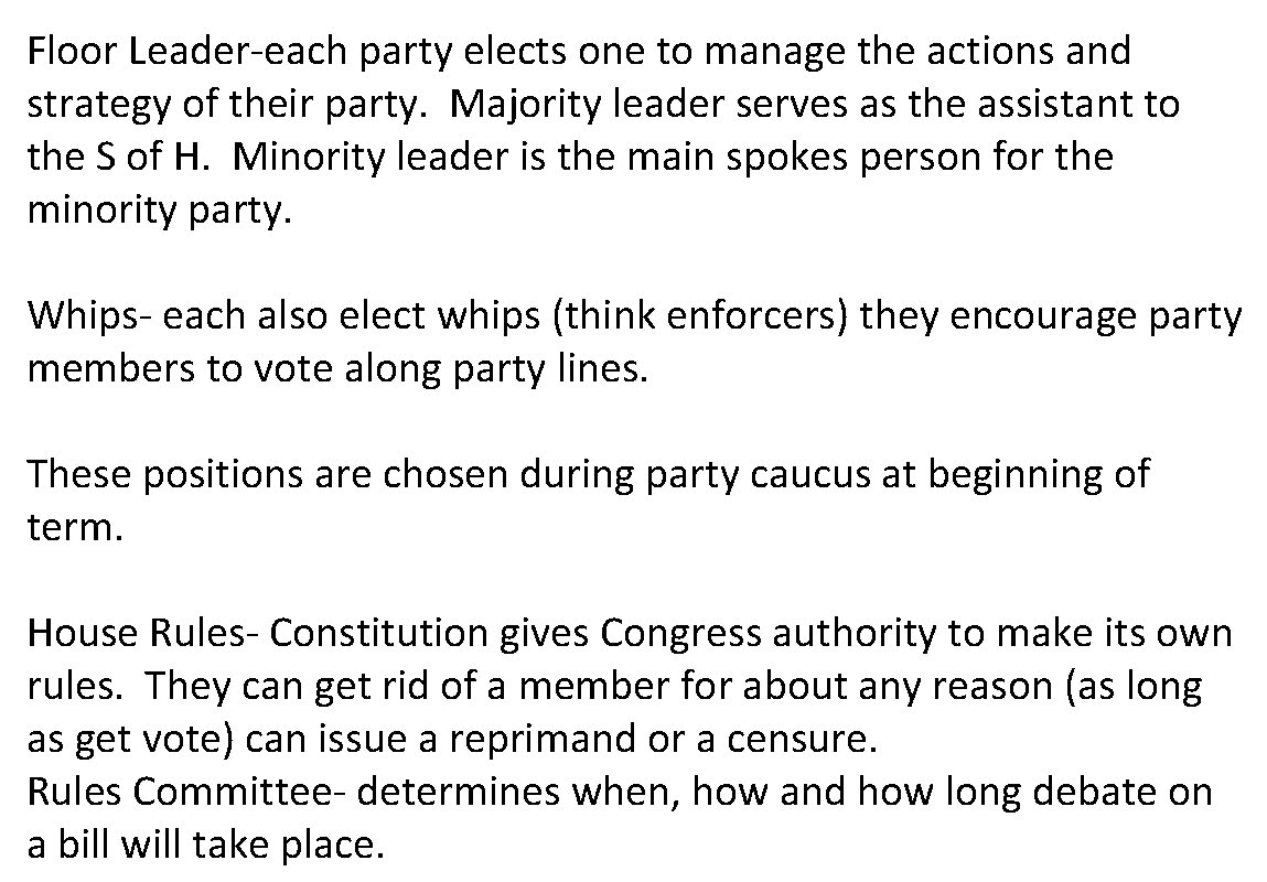 Floor Leader-each party elects one to manage the actions and strategy of their party.