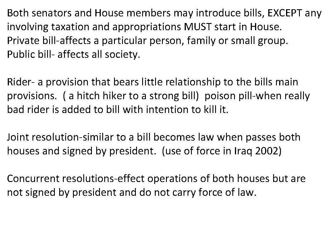Both senators and House members may introduce bills, EXCEPT any involving taxation and appropriations