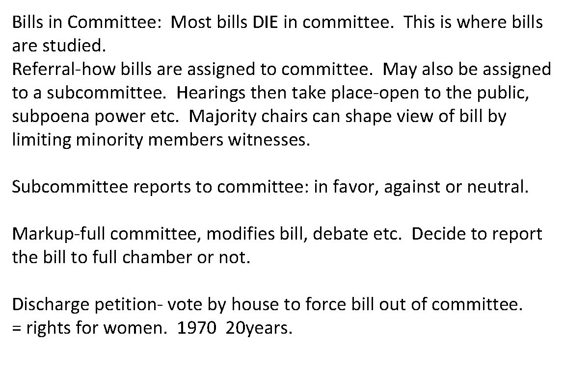 Bills in Committee: Most bills DIE in committee. This is where bills are studied.