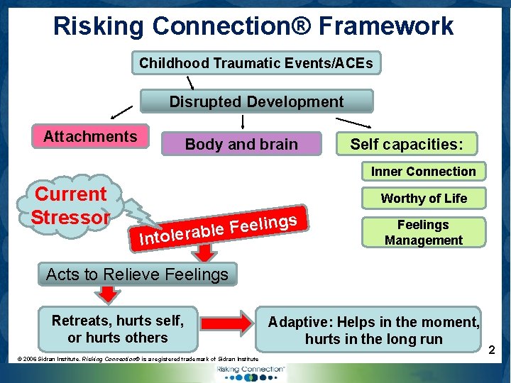 Risking Connection® Framework Childhood Traumatic Events/ACEs Disrupted Development Attachments Body and brain Self capacities: