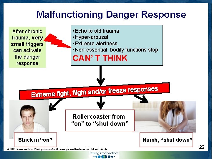 Malfunctioning Danger Response After chronic trauma, very small triggers can activate the danger response