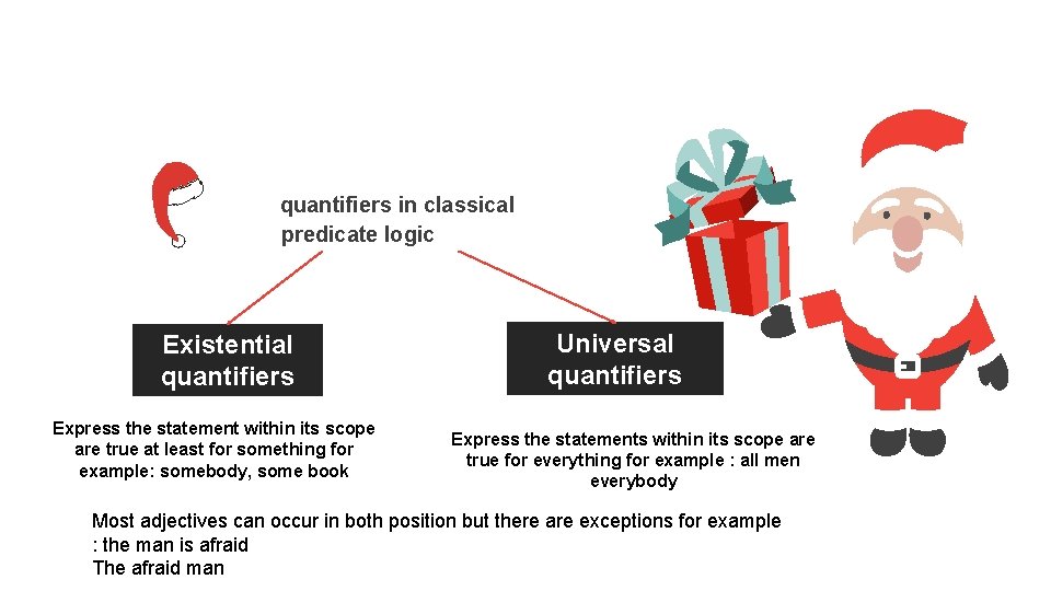 quantifiers in classical predicate logic Existential quantifiers Express the statement within its scope are