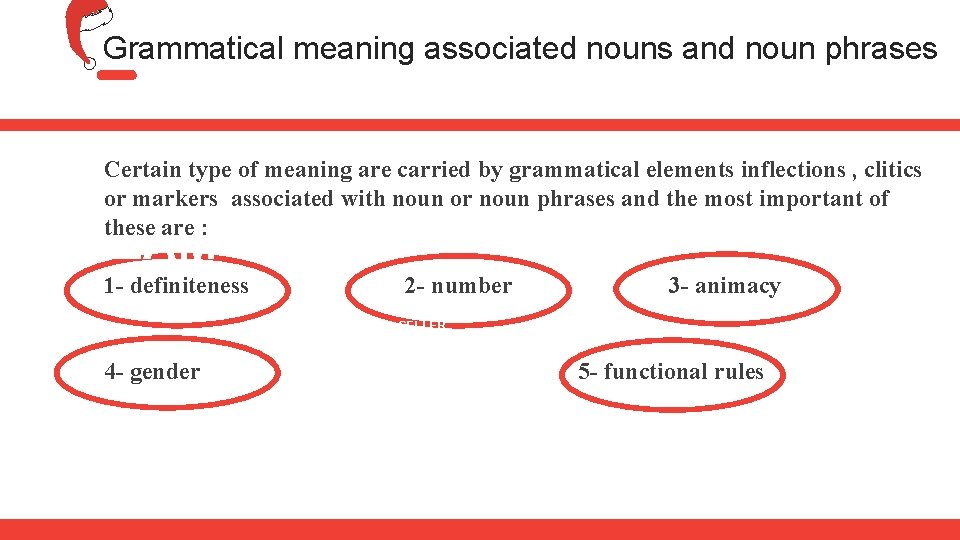 Grammatical meaning associated nouns and noun phrases Certain type of meaning are carried by