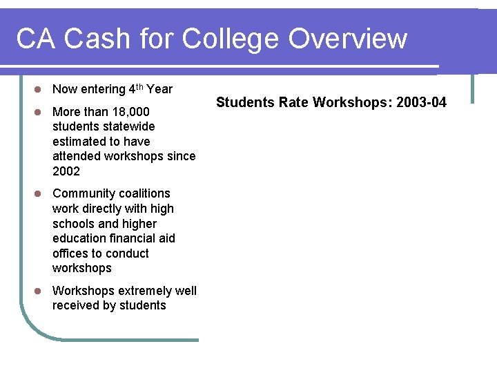 CA Cash for College Overview l Now entering 4 th Year l More than