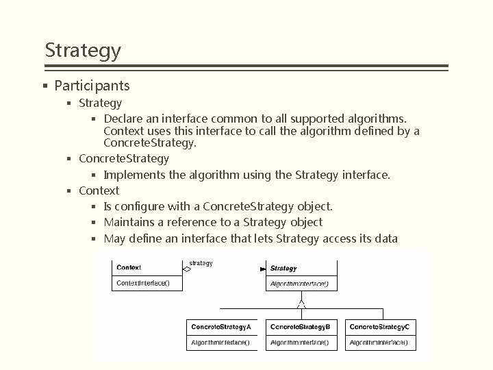 Strategy § Participants § Strategy § Declare an interface common to all supported algorithms.