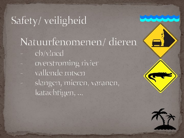 Safety/ veiligheid Natuurfenomenen/ dieren - eb/vloed overstroming rivier vallende rotsen slangen, mieren, varanen, katachtigen,