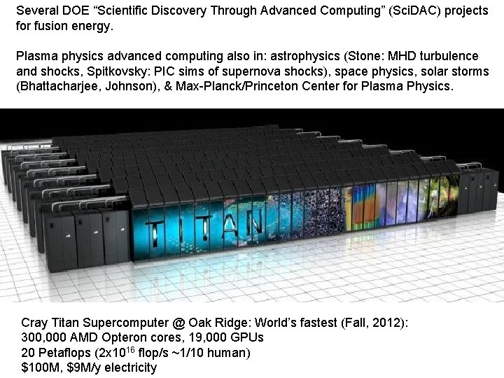 Several DOE “Scientific Discovery Through Advanced Computing” (Sci. DAC) projects for fusion energy. Plasma