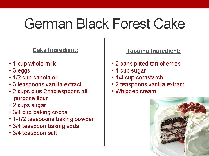 German Black Forest Cake Ingredient: • 1 cup whole milk • 3 eggs •