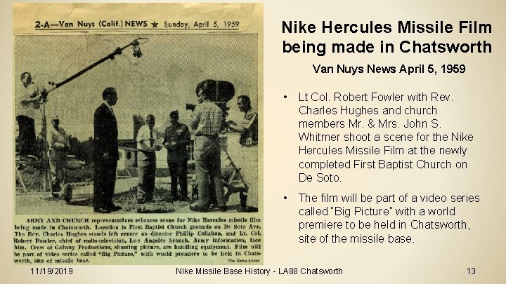 Nike Hercules Missile Film being made in Chatsworth Van Nuys News April 5, 1959