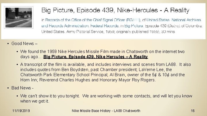  • Good News – • We found the 1959 Nike Hercules Missile Film