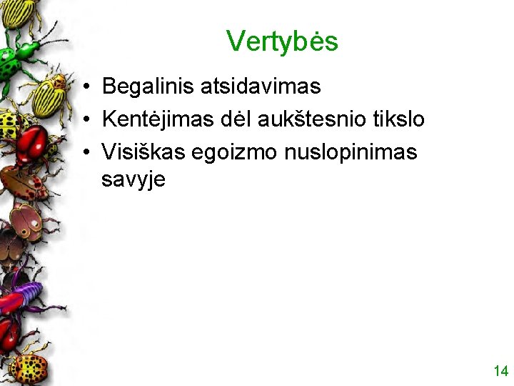 Vertybės • Begalinis atsidavimas • Kentėjimas dėl aukštesnio tikslo • Visiškas egoizmo nuslopinimas savyje