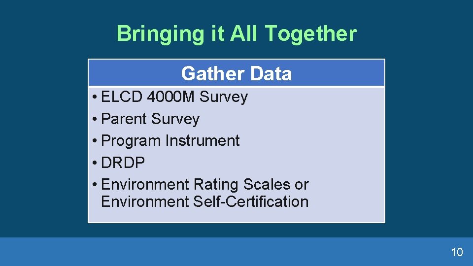 Bringing it All Together Gather Data • ELCD 4000 M Survey • Parent Survey