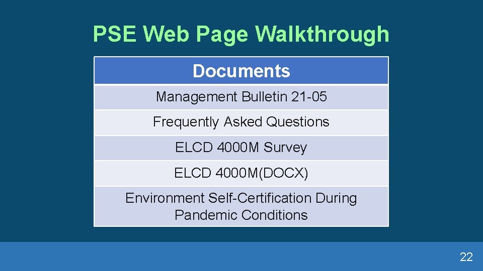 PSE Web Page Walkthrough Documents Management Bulletin 21 -05 Frequently Asked Questions ELCD 4000