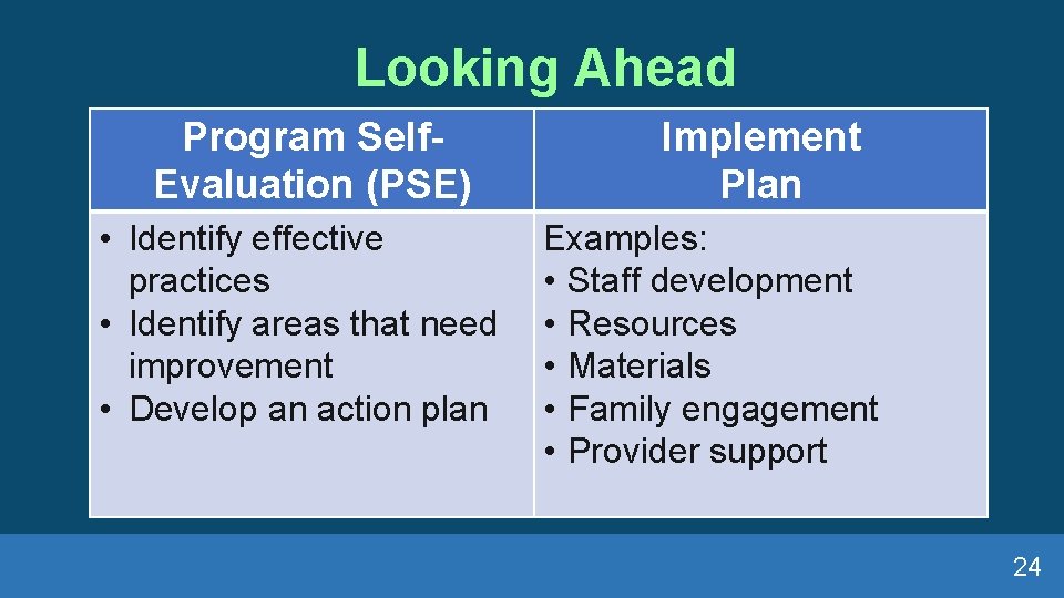 Looking Ahead Program Self. Evaluation (PSE) • Identify effective practices • Identify areas that