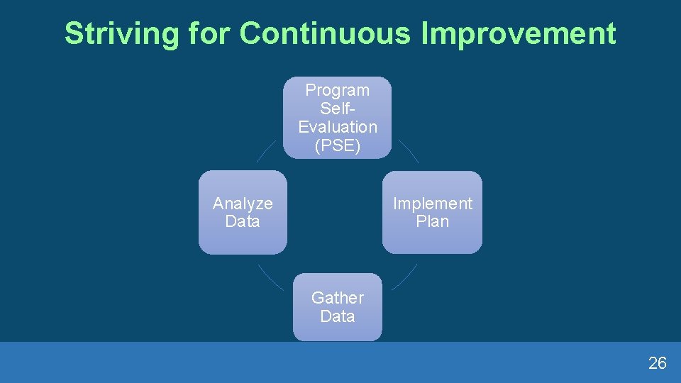 Striving for Continuous Improvement Program Self. Evaluation (PSE) Analyze Data Implement Plan Gather Data
