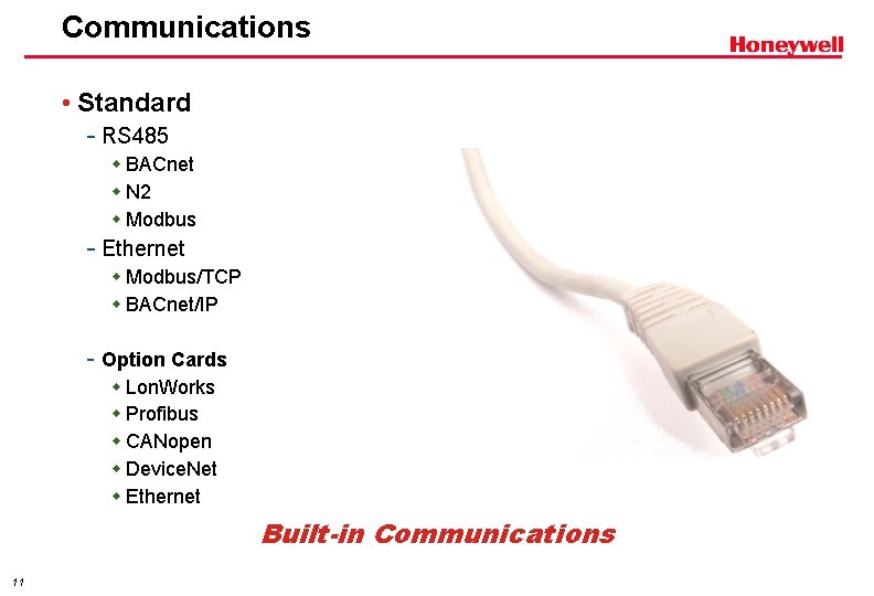 Communications • Standard - RS 485 w BACnet w N 2 w Modbus -