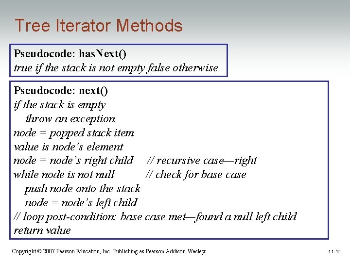 Tree Iterator Methods Pseudocode: has. Next() true if the stack is not empty false