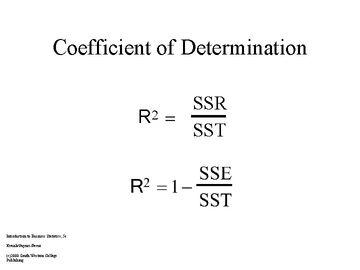Coefficient of Determination SSR R 2 = SST Introduction to Business Statistics, 5 e
