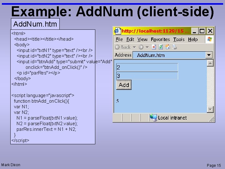 Example: Add. Num (client-side) Add. Num. htm <html> <head><title></head> <body> <input id="txt. N 1"