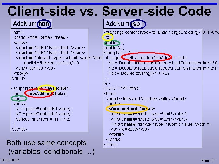 Client-side vs. Server-side Code Add. Num. htm Add. Num. jsp <html> <%@page content. Type="text/html"