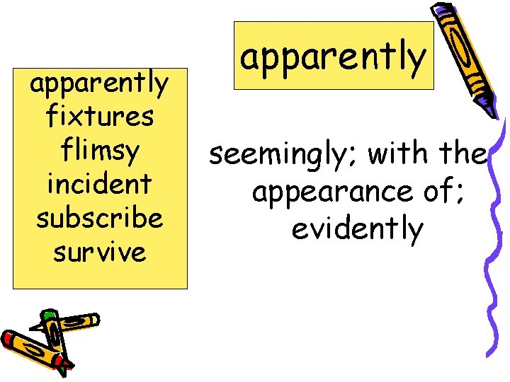apparently fixtures flimsy incident subscribe survive apparently seemingly; with the appearance of; evidently 