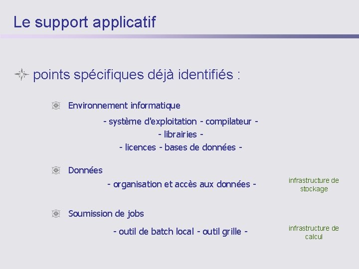 Le support applicatif points spécifiques déjà identifiés : Environnement informatique - système d'exploitation -