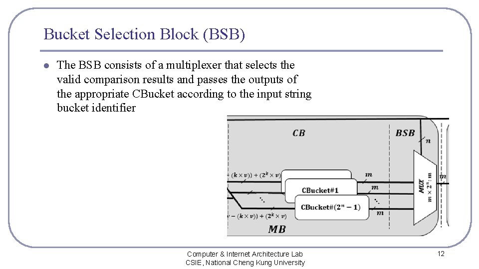 Bucket Selection Block (BSB) l The BSB consists of a multiplexer that selects the
