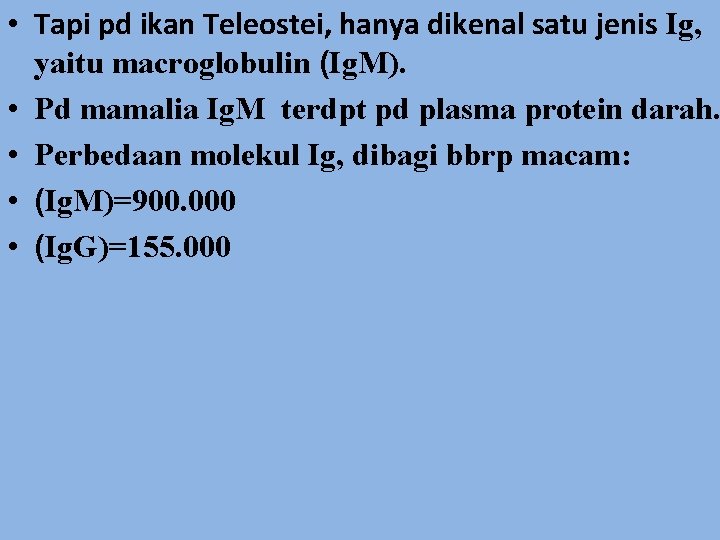  • Tapi pd ikan Teleostei, hanya dikenal satu jenis Ig, yaitu macroglobulin (Ig.