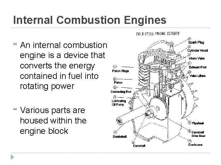 Internal Combustion Engines An internal combustion engine is a device that converts the energy