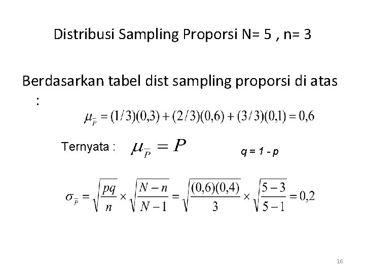 Distribusi Sampling Proporsi N= 5 , n= 3 Berdasarkan tabel dist sampling proporsi di