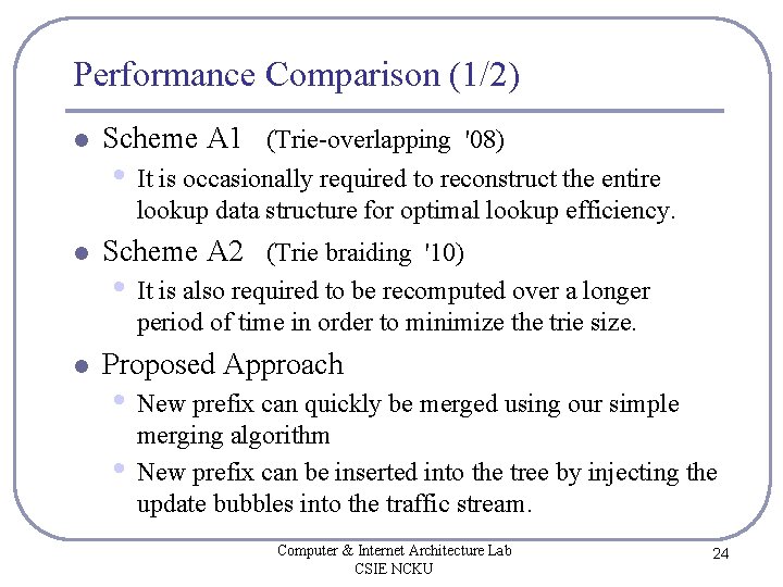 Performance Comparison (1/2) l Scheme A 1 (Trie-overlapping '08) • It is occasionally required