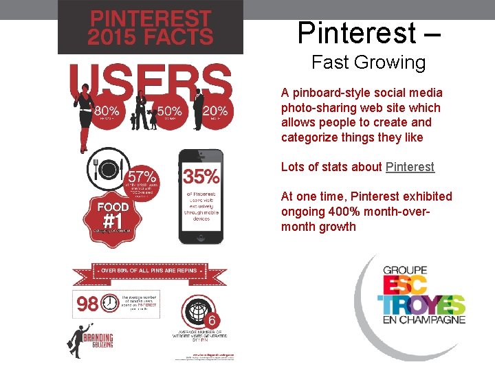 Pinterest – Fast Growing A pinboard-style social media photo-sharing web site which allows people