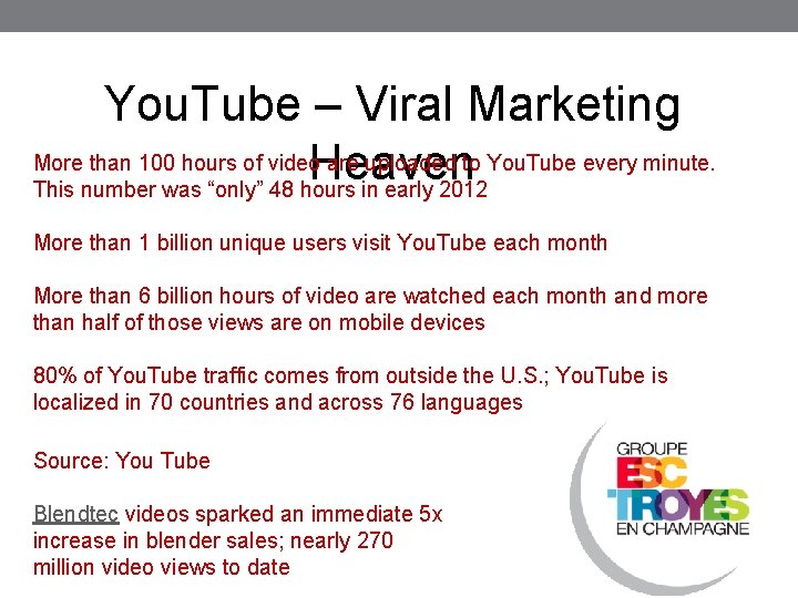 You. Tube – Viral Marketing More than 100 hours of video are uploaded to