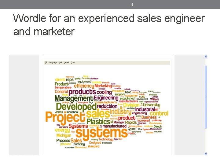 4 Wordle for an experienced sales engineer and marketer 