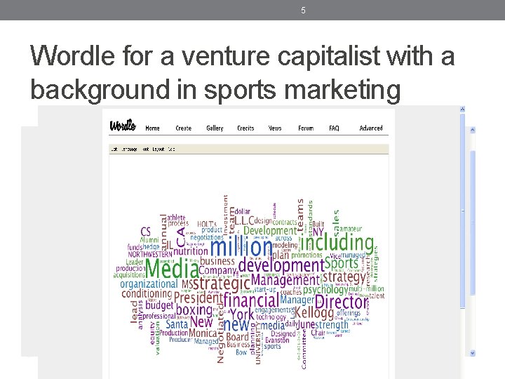 5 Wordle for a venture capitalist with a background in sports marketing 