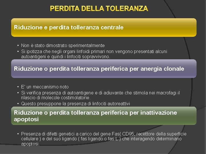 Riduzione e perdita tolleranza centrale • Non è stato dimostrato sperimentalmente • Si ipotizza